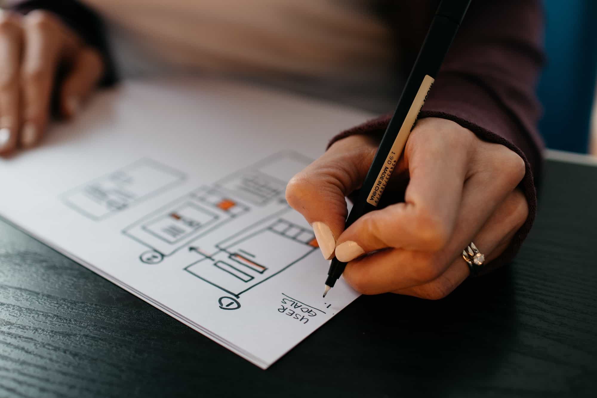 female's hands using pen to draw landing page website layout on note pad