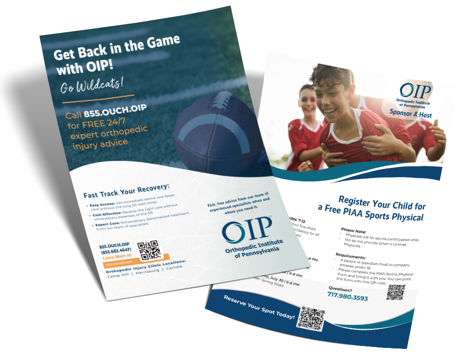 Two Orthopedic Institute of Pennsylvania branded flyers, designed by Cork Tree Creative