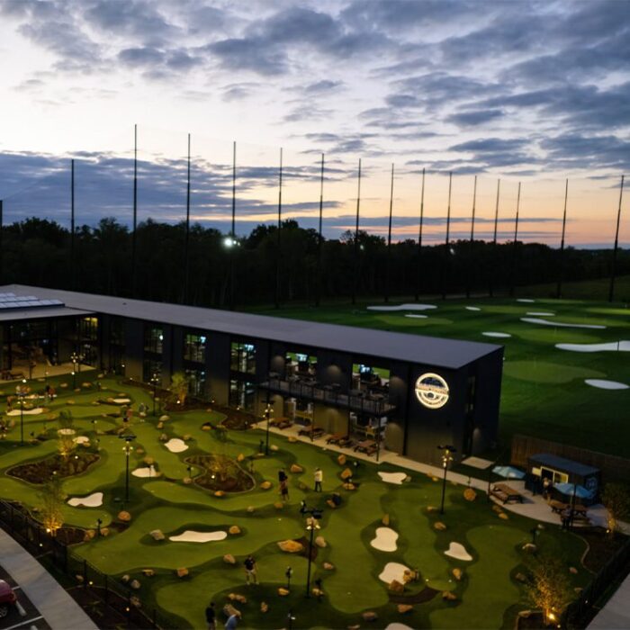 Aerial view of Park North Golf Club's mini golf course at dusk