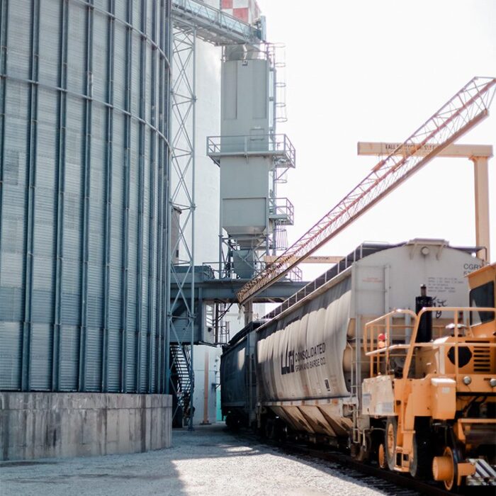 Train picking up grain from silos